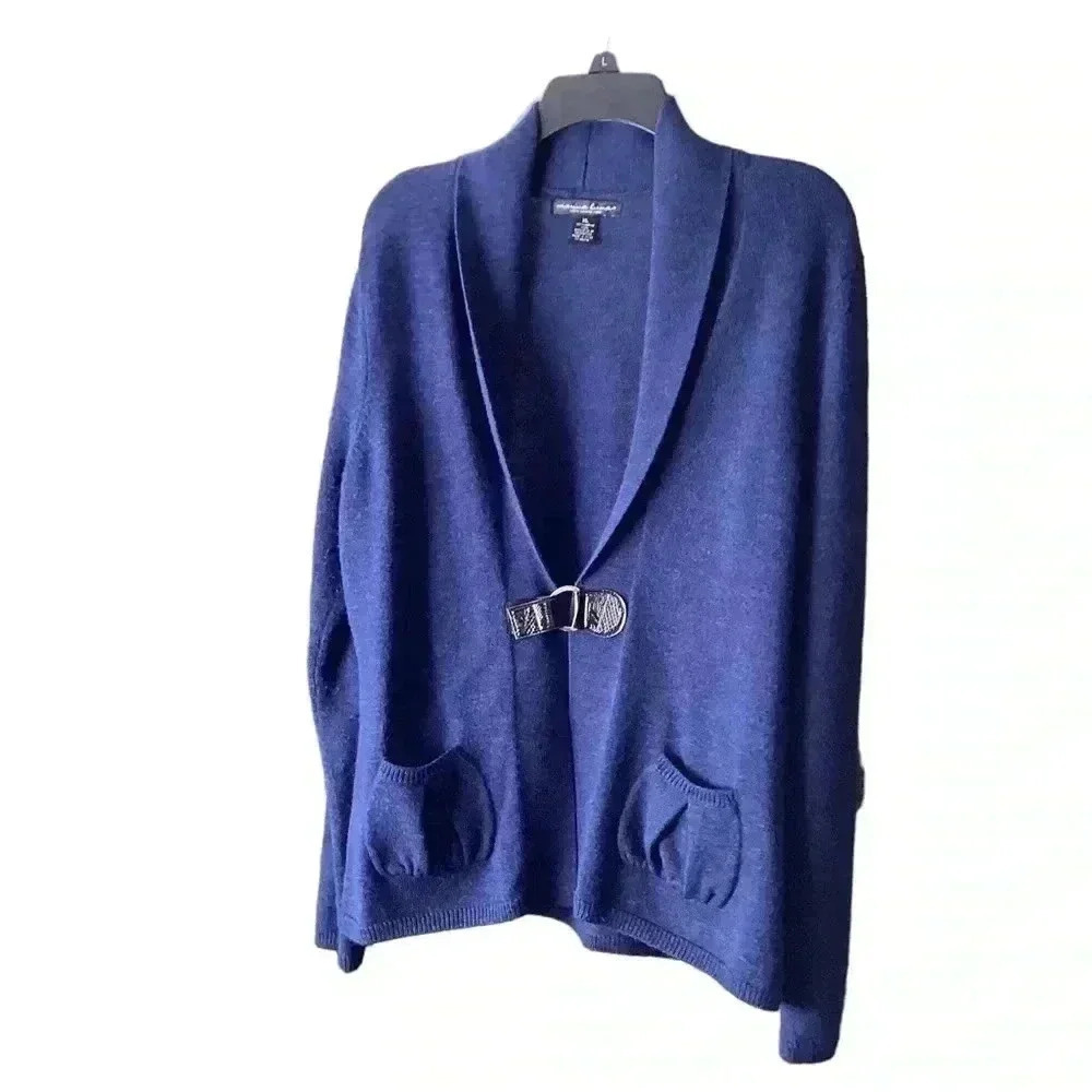 Marina Luna Navy Blue 100% Merino wool Blazer Sweater Cardigan Size XL
